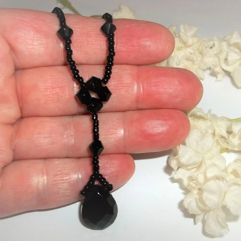 Pre-owned Black Beaded Y Necklace Fashion Accessory Costume Jewelry Boho 7311